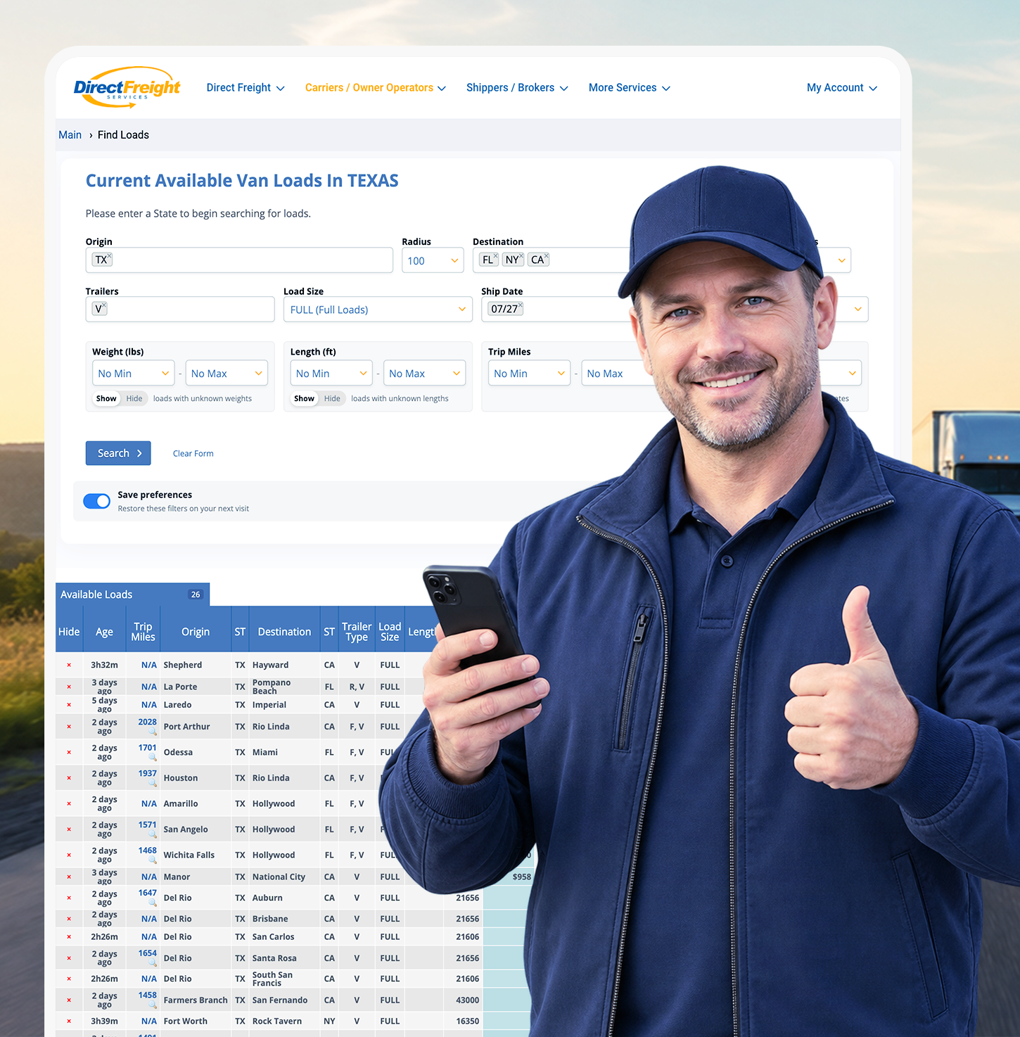 Carrier reviewing available freight loads